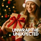 Two people exchange a gift during a festive holiday gathering. One person is smiling as they receive a neatly wrapped, rectangular box — the size and shape hint at a custom gift inside. The background is softly lit with warm tones, suggesting a Christmas or Secret Santa celebration.