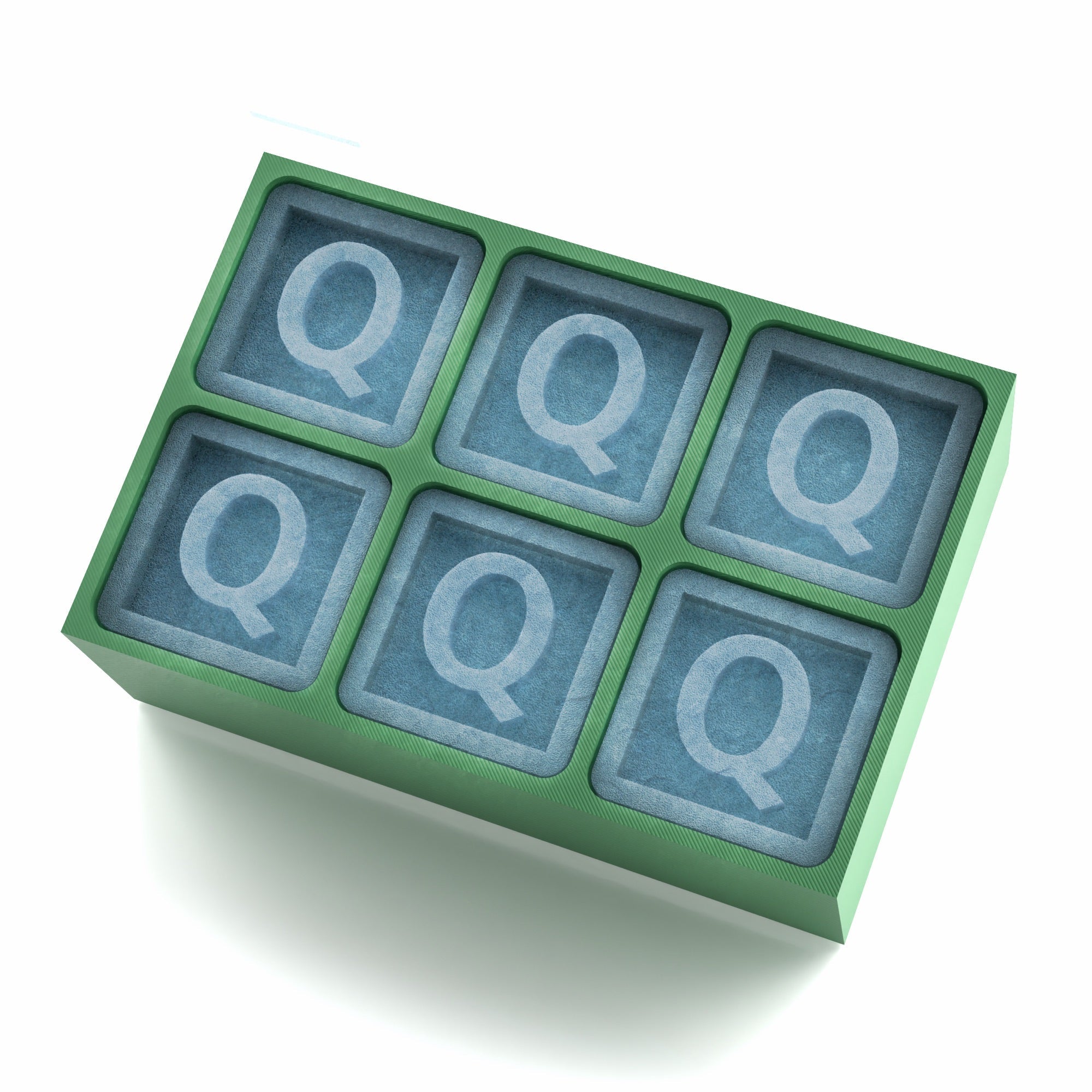 A green custom tray with six bold “Q” ice cubes, handmade in Australia. A fun and meaningful gift for green-themed events, special birthdays, or those who love creative entertaining.