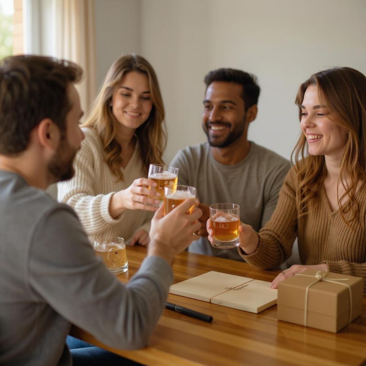 Group of friends smiling and toasting with personalised whiskey glasses featuring custom ice cubes, gathered around a wooden table with wrapped gifts – perfect social gifting moment.