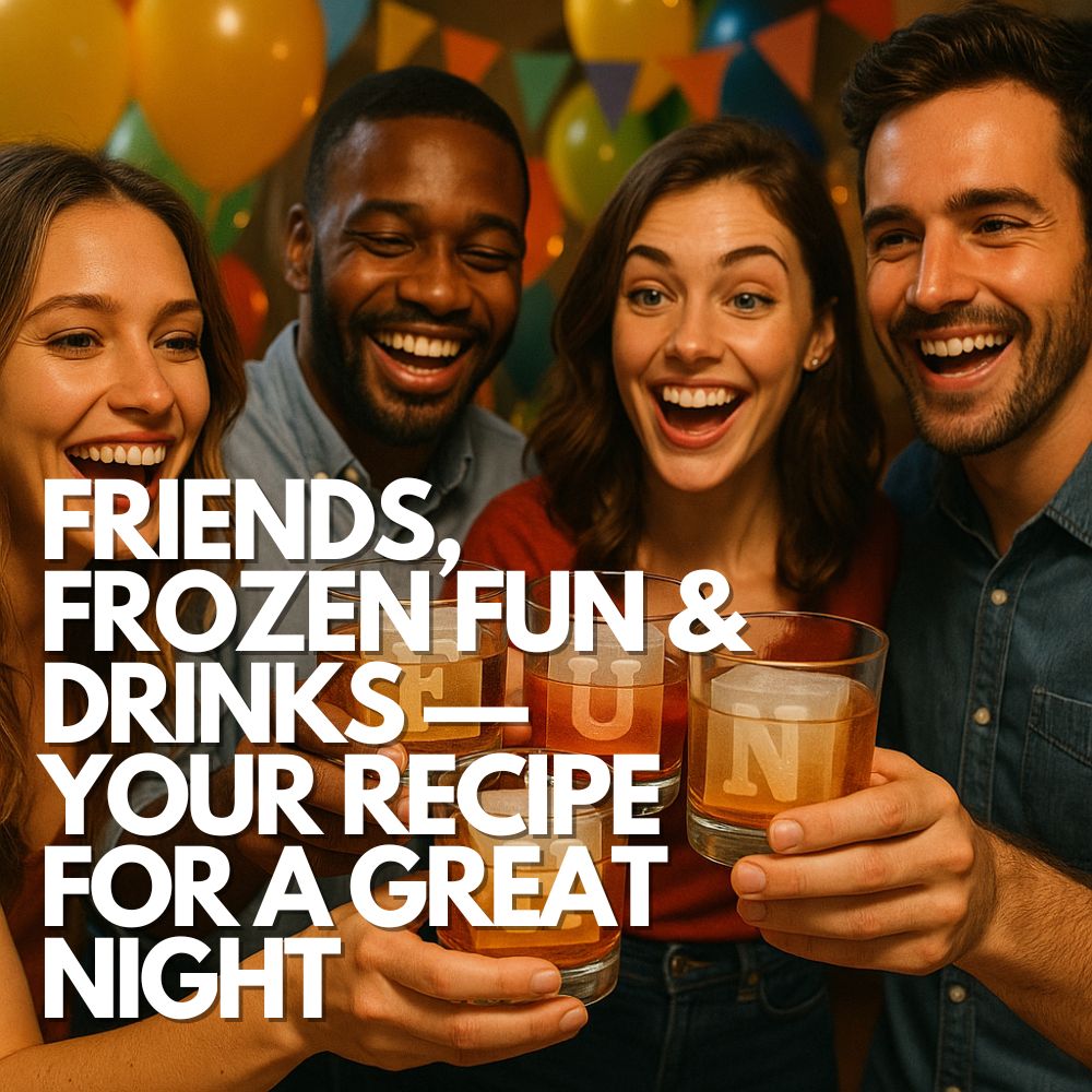 Group of friends laughing and enjoying drinks with bold alphabet-shaped ice cubes at a party.