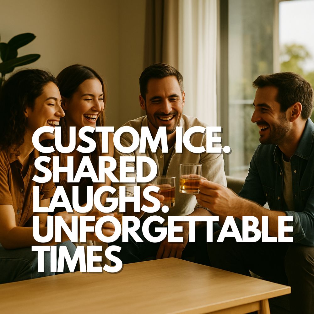 Group of friends celebrating together with personalised ice cubes in whiskey glasses, sharing laughs and enjoying unforgettable birthday moments – ideal gift scene for custom ice tray marketing
