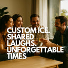 Group of friends celebrating together with personalised ice cubes in whiskey glasses, sharing laughs and enjoying unforgettable birthday moments – ideal gift scene for custom ice tray marketing