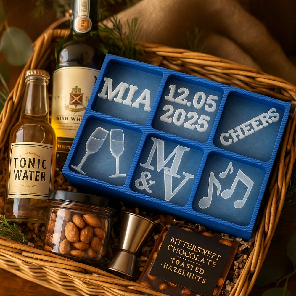 Gift presentation featuring a personalised ice tray with beverages and snacks.
