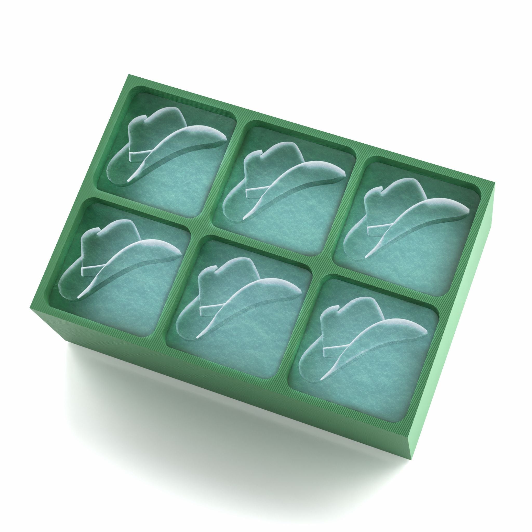 Green six-cube ice tray with cowboy hat ice moulds, handmade for rustic weddings or Western-style events