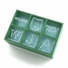 Green 6-cube family-themed ice tray with shield, names and initials – perfect for heritage or surname-based custom gifting.