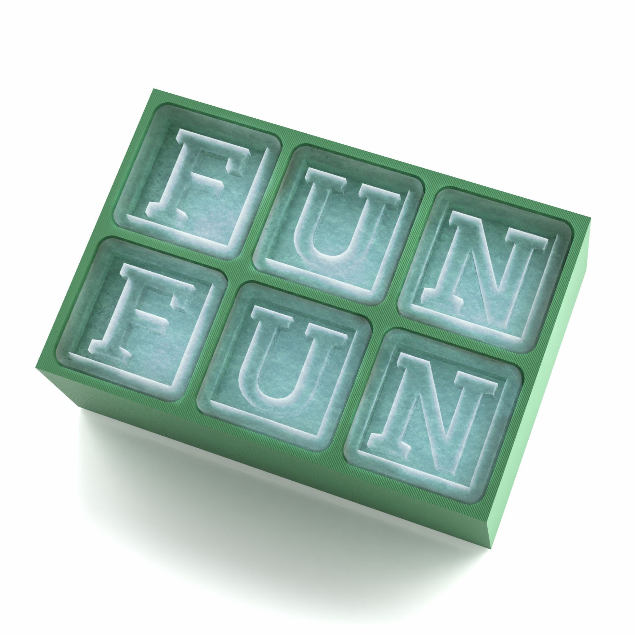 Green silicone ice cube tray with playful FUNFUN design, great for lively birthday gatherings.