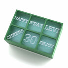 Personalised green 6-cube ice tray with custom text in each cube: HAPPY B'DAY LEVI, 30, ENJOY, CHEERS – birthday party barware