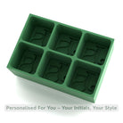 Green silicone ice mold featuring personalized initials in 6 compartments for custom ice cubes