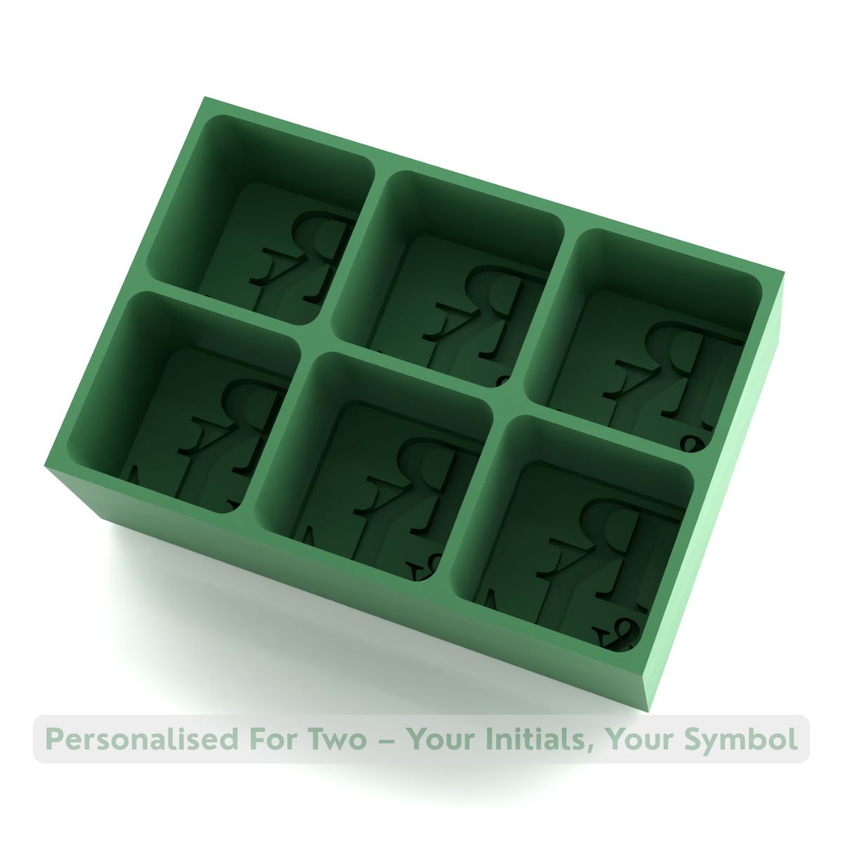 Green silicone romantic monogrammed ice cube tray showing personalised initials mould and festive overlay