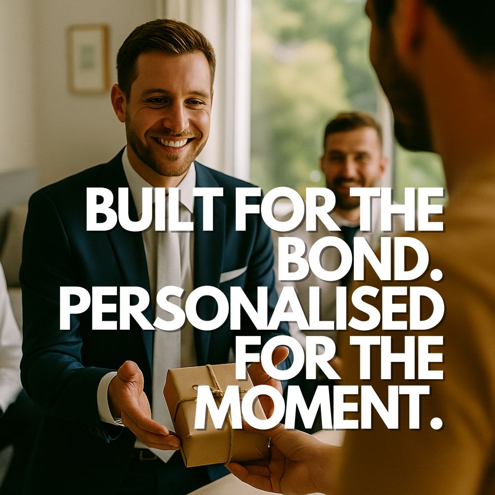 Man in a suit holding a small gift box with text overlay 'BUILT FOR THE BOND. PERSONALISED FOR THE MOMENT.'