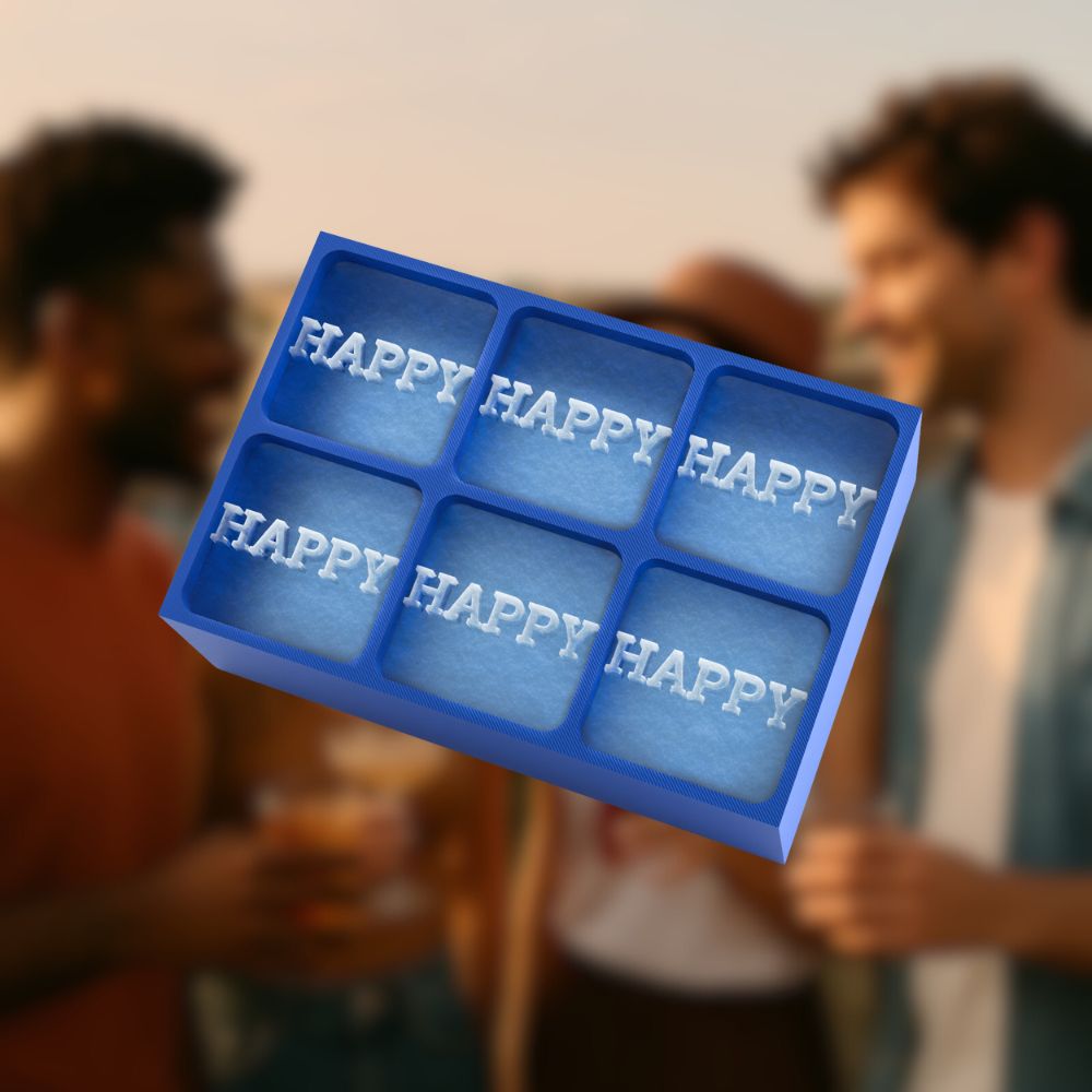 Blue custom ice tray with HAPPY lettering, great for celebrations, birthdays, and festive gatherings