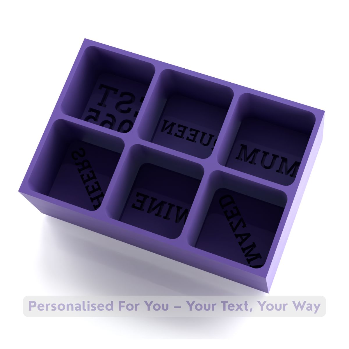 Purple silicone ice cube tray showing reversed engraved text for custom words, handmade in Australia — perfect personalised gift for Mum.