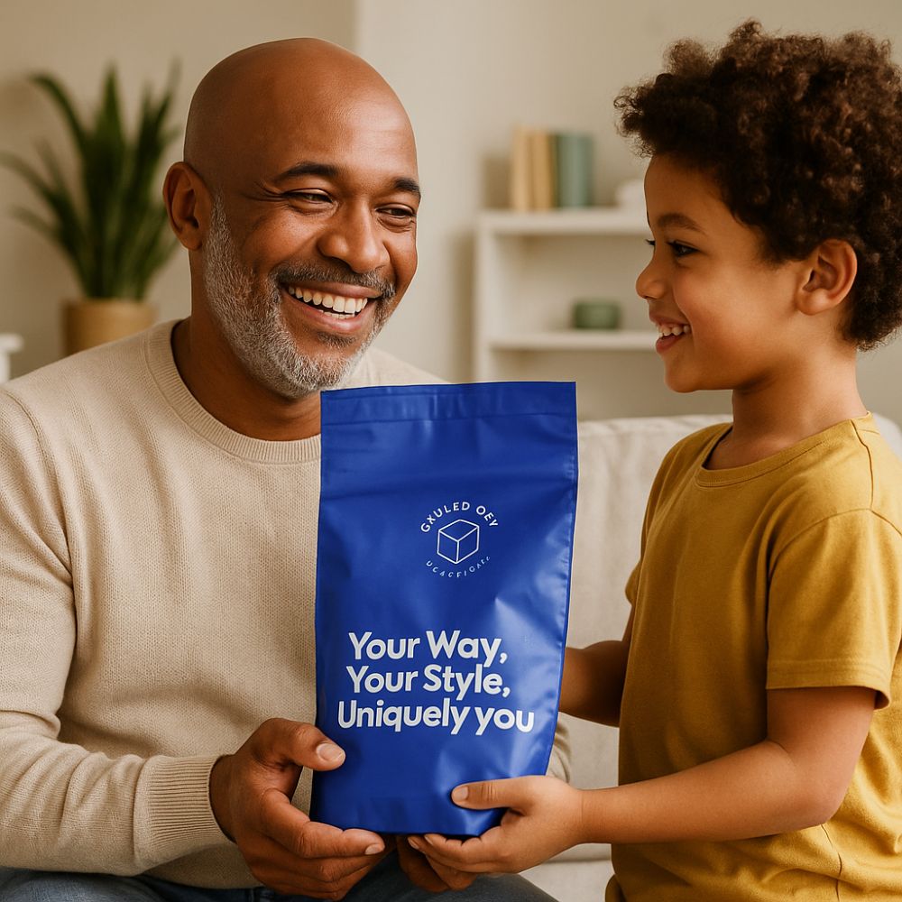 A joyful child hands his smiling father a blue Chilled Out Creations gift bag containing a personalised ice tray—capturing the emotional connection of Father’s Day gifting.