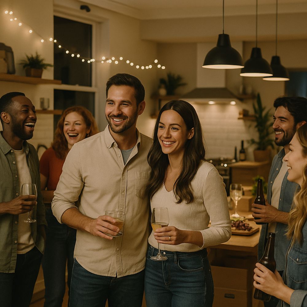 Couple hosting a relaxed housewarming party with friends, drinks in hand and warm lighting in a cozy kitchen setting