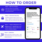 Step-by-step guide on how to order a custom monogram ice tray with a smartphone screen displaying product details.