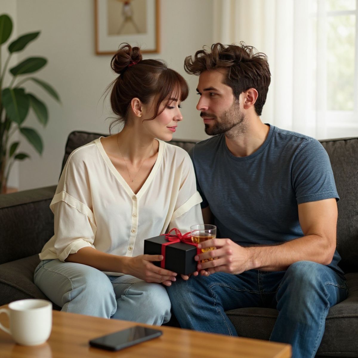 Woman presenting a small black gift box with red ribbon while sitting close to her boyfriend on the couch. The couple share a tender gaze, whisky and coffee cups adding a relaxed, sexy lifestyle feel.