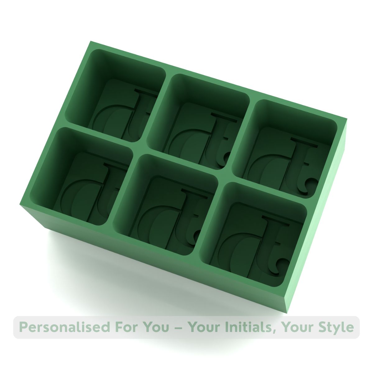 Forest-green personalised JD ice cube tray. Produces six clean 45 mm cubes with initials, ideal for unique gifting.