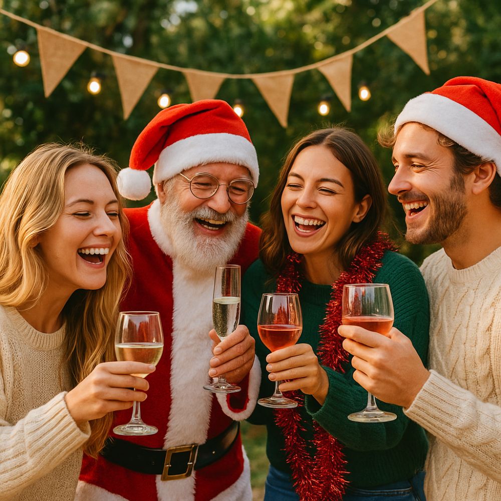 Four friends wearing Santa hats clink glasses of wine and champagne outdoors during a Christmas party, laughing joyfully under festive string lights and bunting.