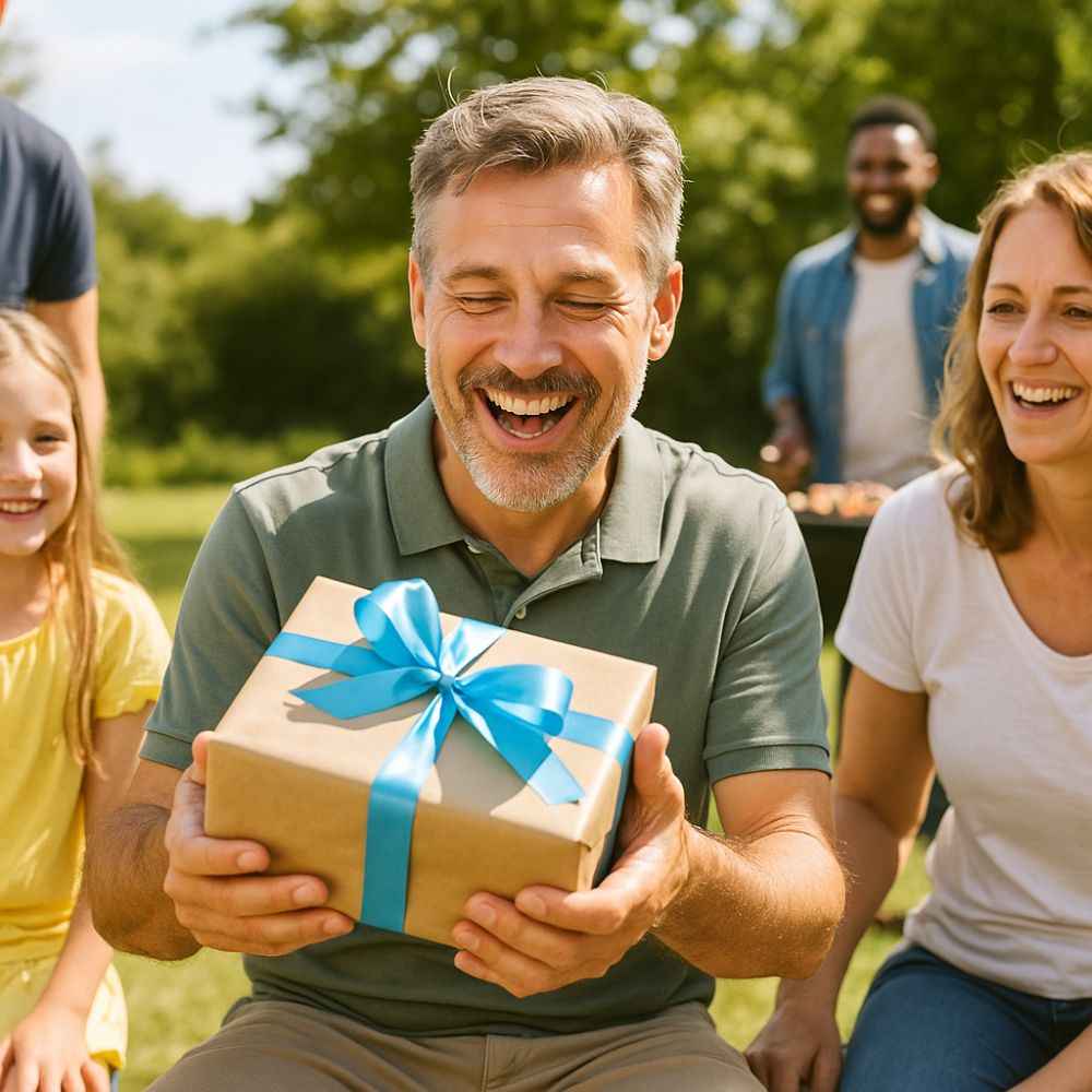 Happy dad receiving a personalised birthday gift at an outdoor family BBQ on a sunny day, surrounded by smiling friends and family