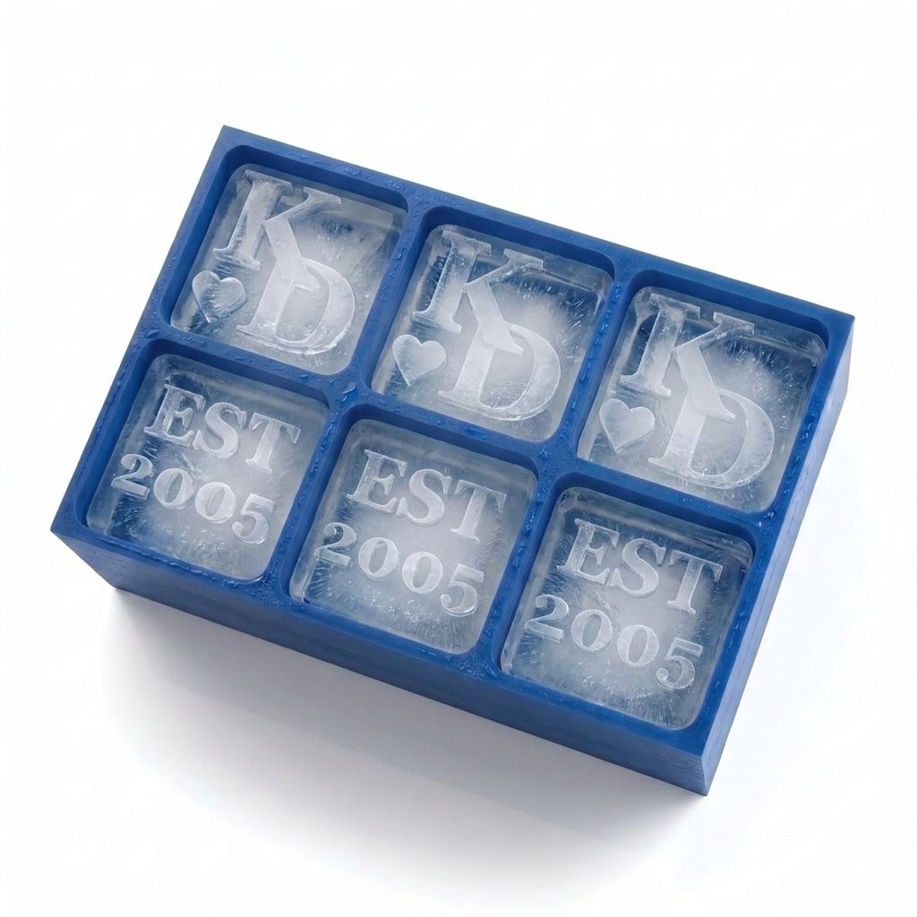 A blue rectangular ice mold tray with six compartments, each containing a frozen cube. Three cubes show the initials 'KD' with a heart, and the other three show 'EST 2005' in frosted lettering.