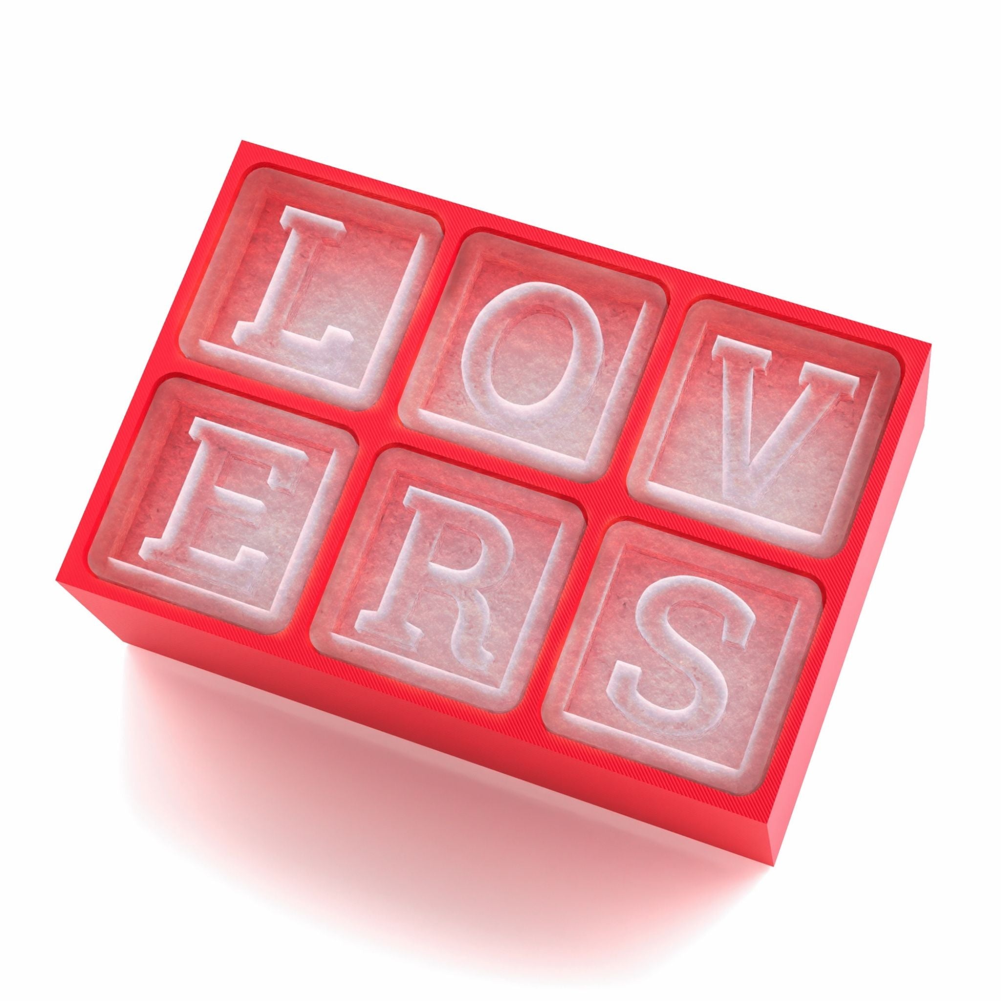 Vibrant red custom ice tray spelling LOVERS, designed for heartfelt gifting to engaged or married couples