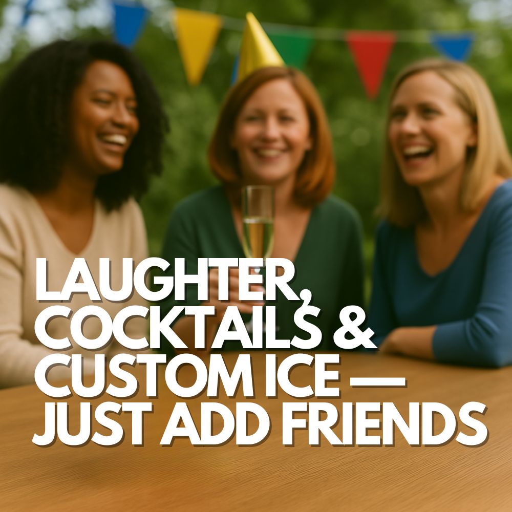 Three women laughing outdoors, enjoying cocktails with playful custom ice cubes, celebrating with friends.