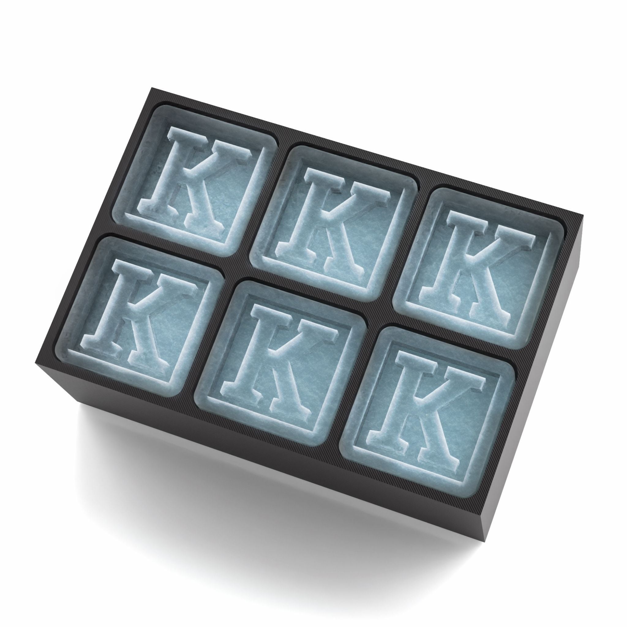 Sleek black ice tray forming K-shaped cubes – ideal for birthdays or thoughtful presents