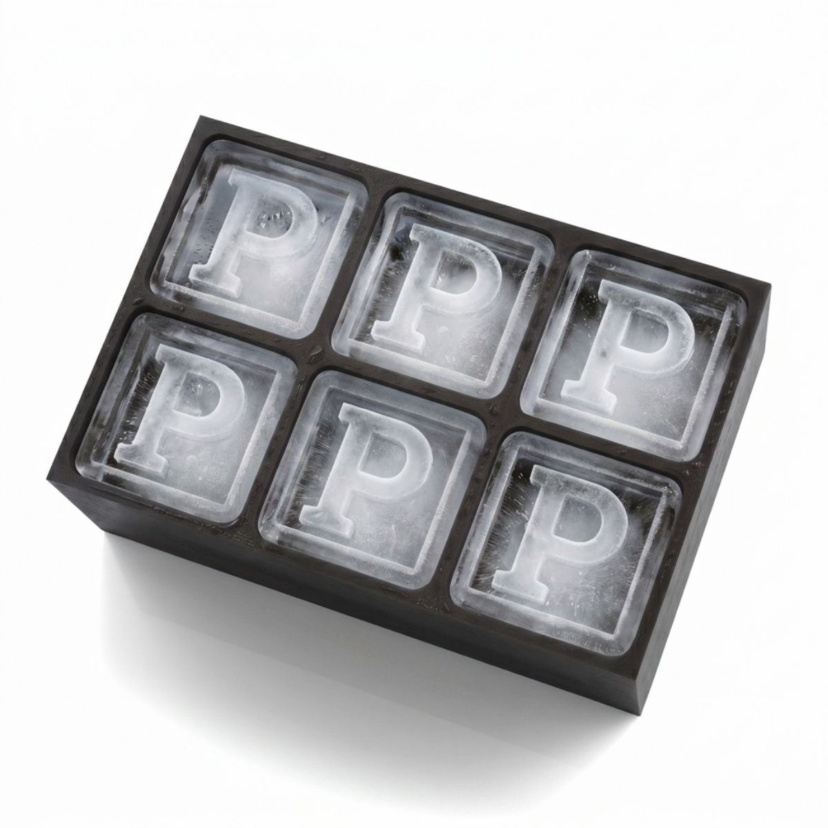 Sleek black ice tray forming P-shaped cubes – ideal for birthdays or thoughtful presents