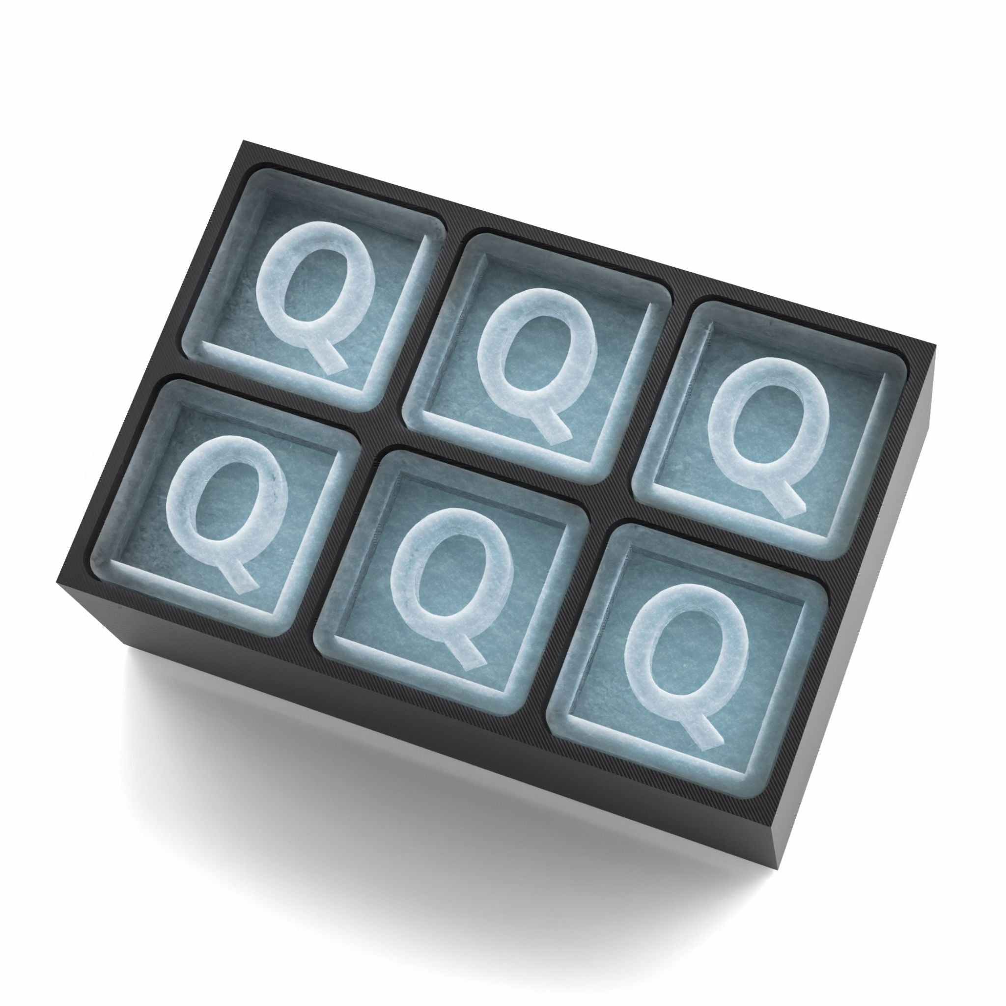Sleek black ice tray forming Q-shaped cubes – ideal for birthdays or thoughtful presents