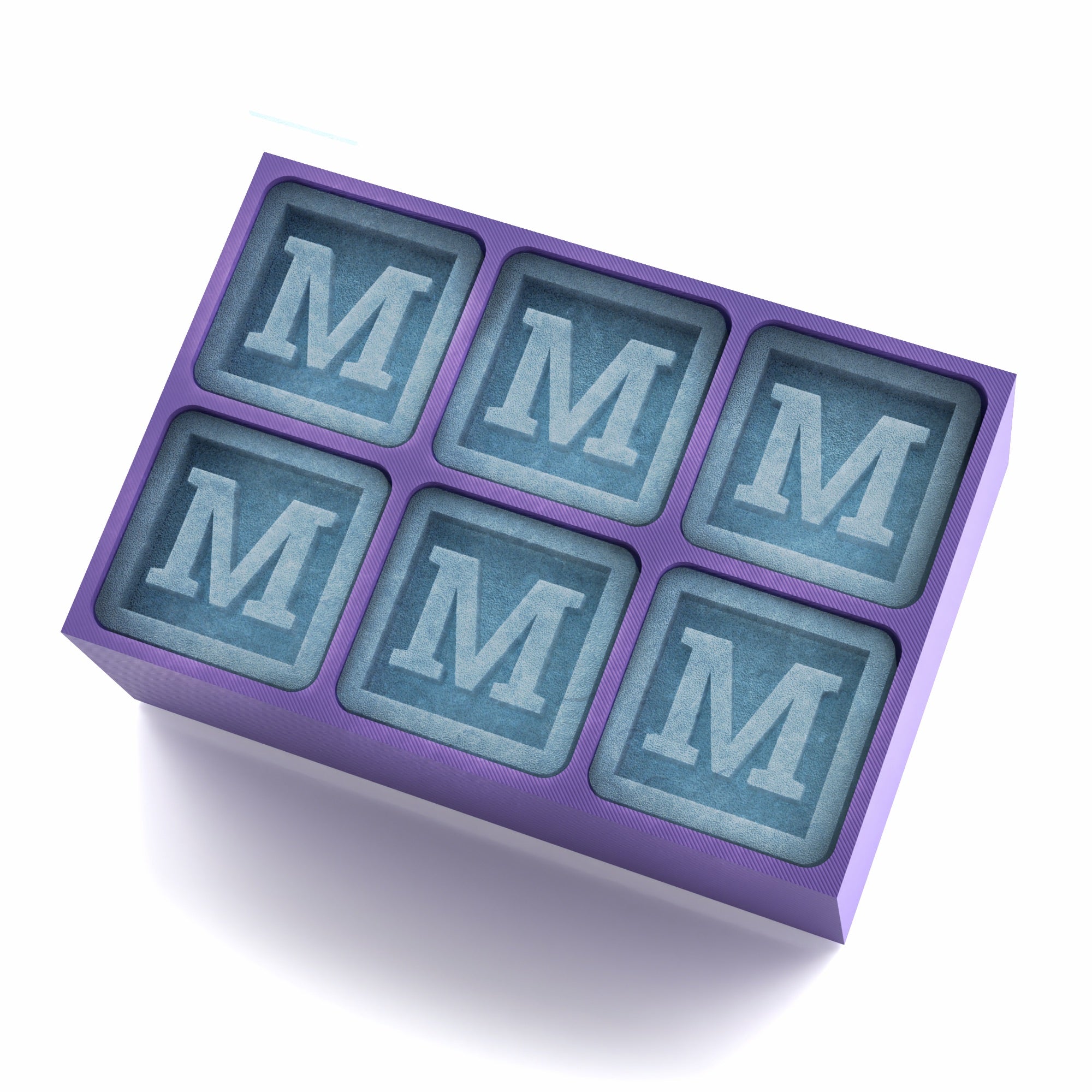 Purple silicone tray with M-shaped ice cubes – personalised and Australian-made