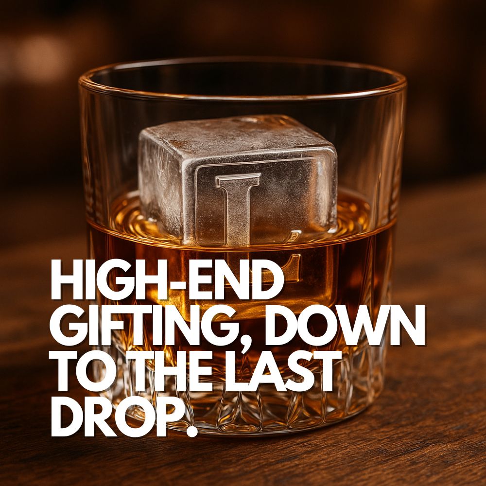 Ultra-realistic close-up of a whiskey glass with amber liquor and a bold, square ice cube featuring a raised letter 'L', perfect for high-end gifting moments.