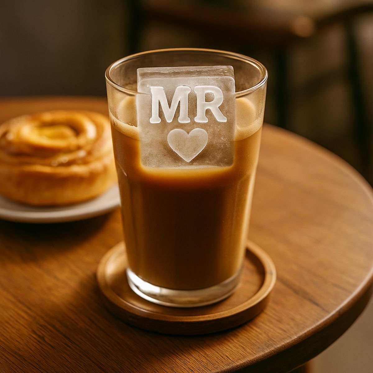 Tall glass of iced coffee with a large ice cube spelling “MR ♥” in raised letters, sitting on a small timber café table beside a pastry — romantic and unique personalised gift for coffee lovers.