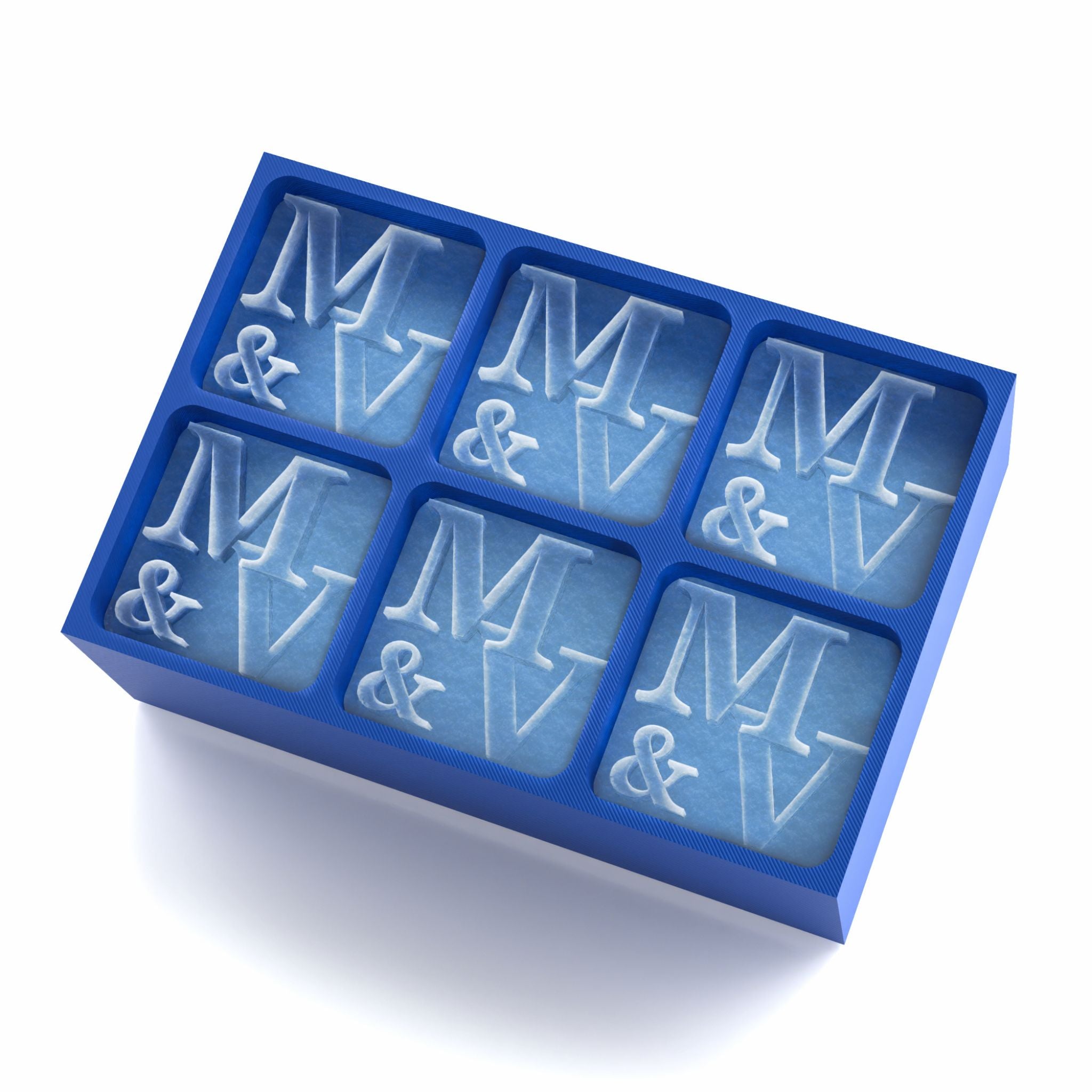 Custom blue ice cube tray with M & V monogrammed ice, ideal for wedding or couple gifts