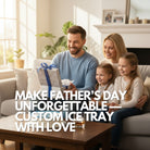 Dad opens a Father’s Day present while family smiles, with a whisky glass and personalised custom ice tray on the table.