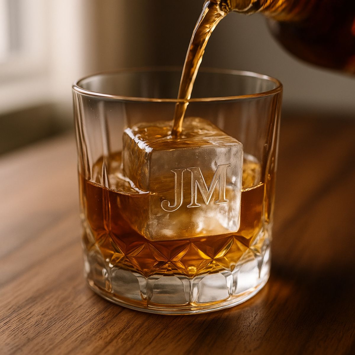 Close-up of a clear monogrammed ice cube as whisky swirls around it in a heavy tumbler — intimate date-night moment.