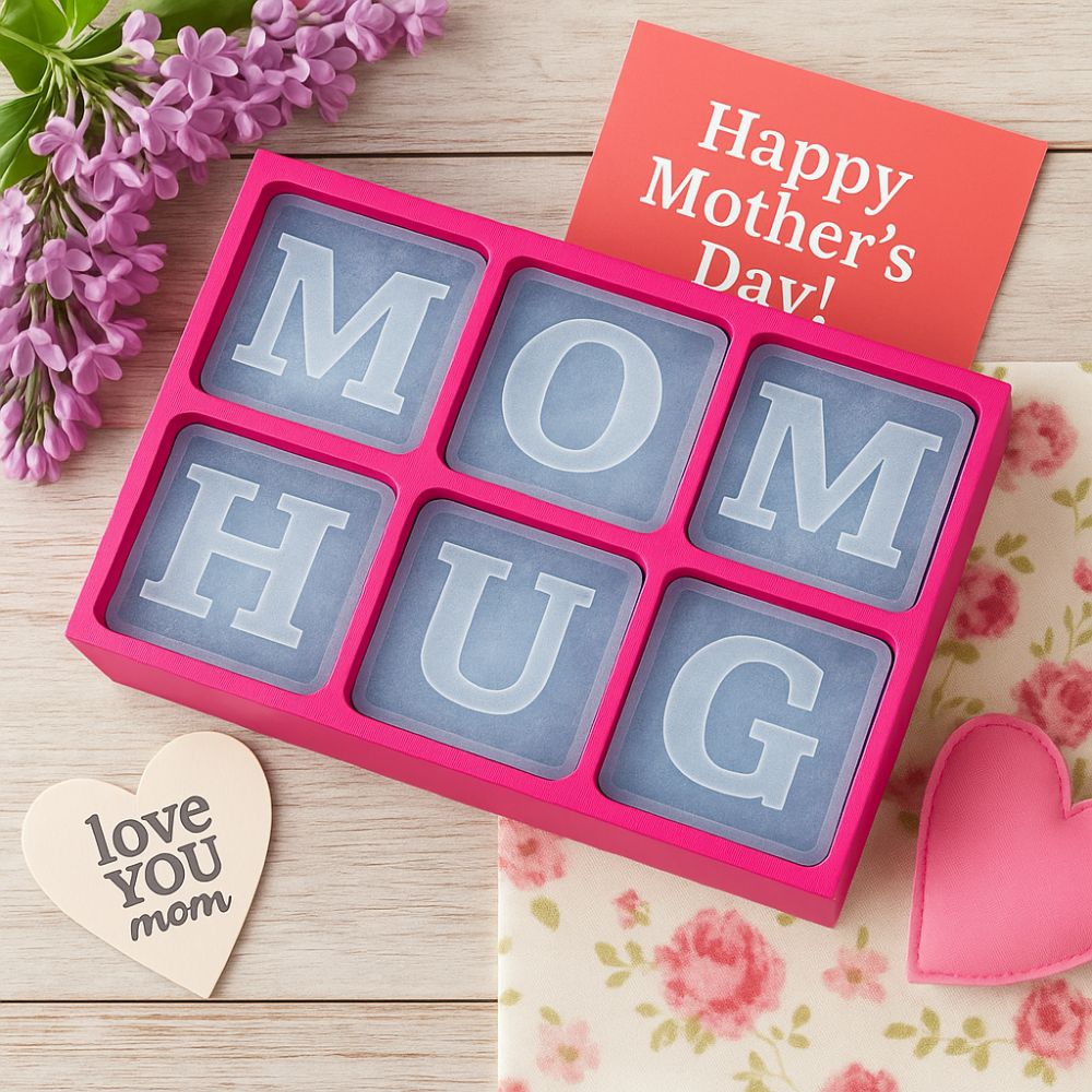 Personalised pink ice tray spelling “MOM HUG” surrounded by lilac flowers, a heart-shaped “Love You Mom” note, and a red Happy Mother’s Day card – ideal gift scene for Mother’s Day 2026