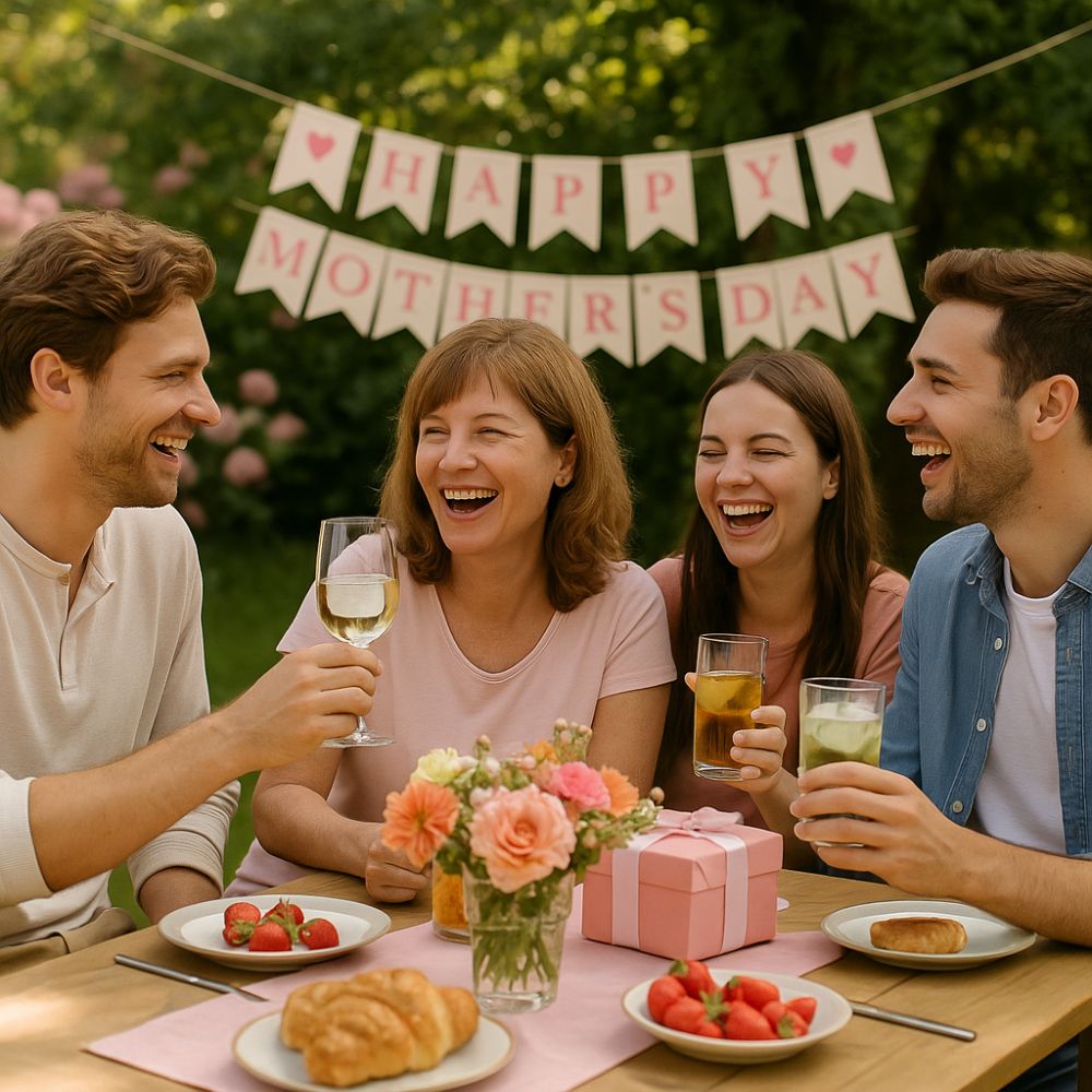Group of adult children and mum gathered at a picnic table with flowers, croissants, and a pink gift box, laughing and toasting under a banner that reads “Happy Mother’s Day."