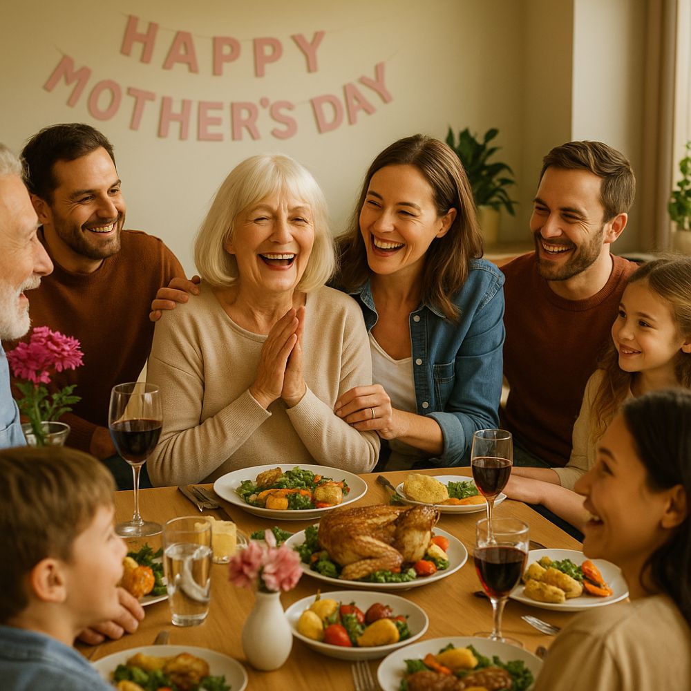 Happy multigenerational family gathered indoors around a dinner table, celebrating Mother’s Day with roast chicken, wine, and joyful conversation as mum smiles in the centre.