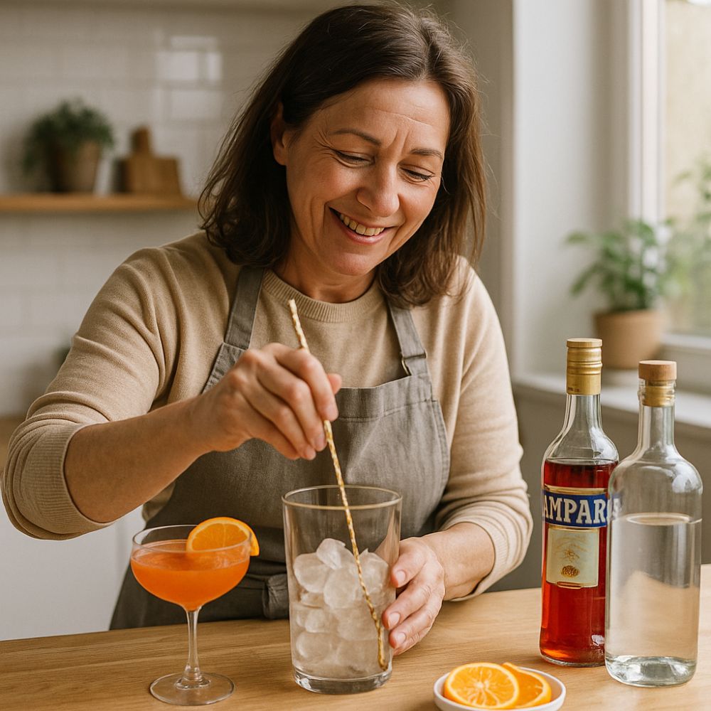 A smiling woman in her 40s mixes a drink over ice in a cosy kitchen, surrounded by cocktail ingredients—capturing the essence of relaxed creativity.