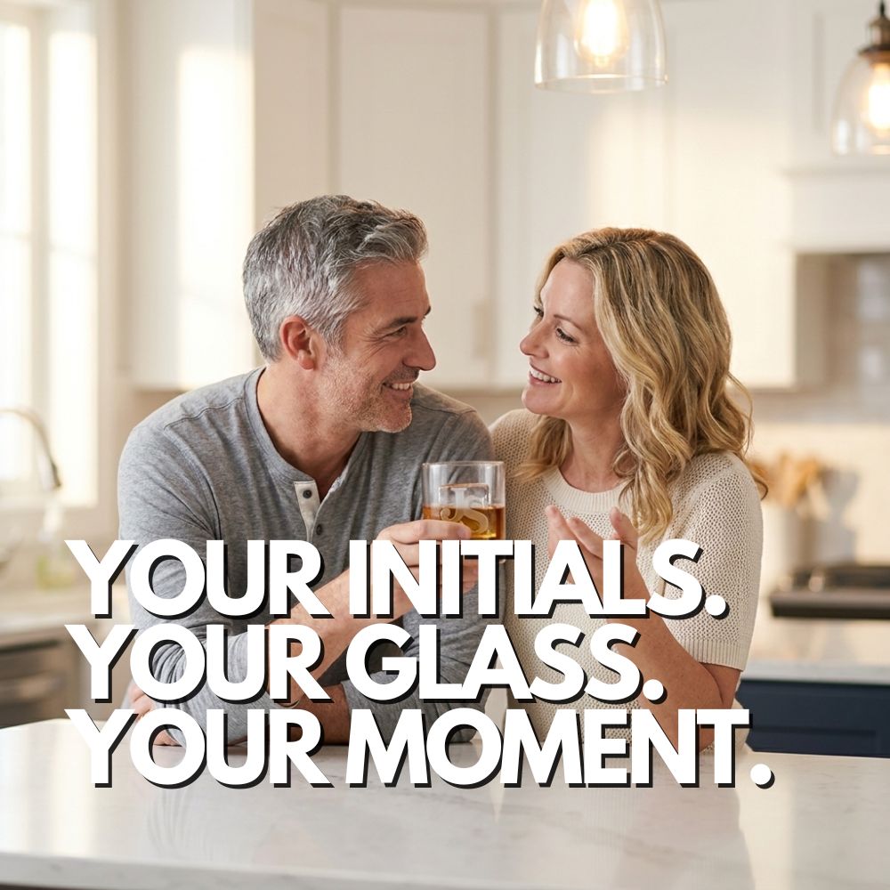 Man and woman in a kitchen with a glass of WHISKEY, text overlay 'Your initials. Your glass. Your moment.'