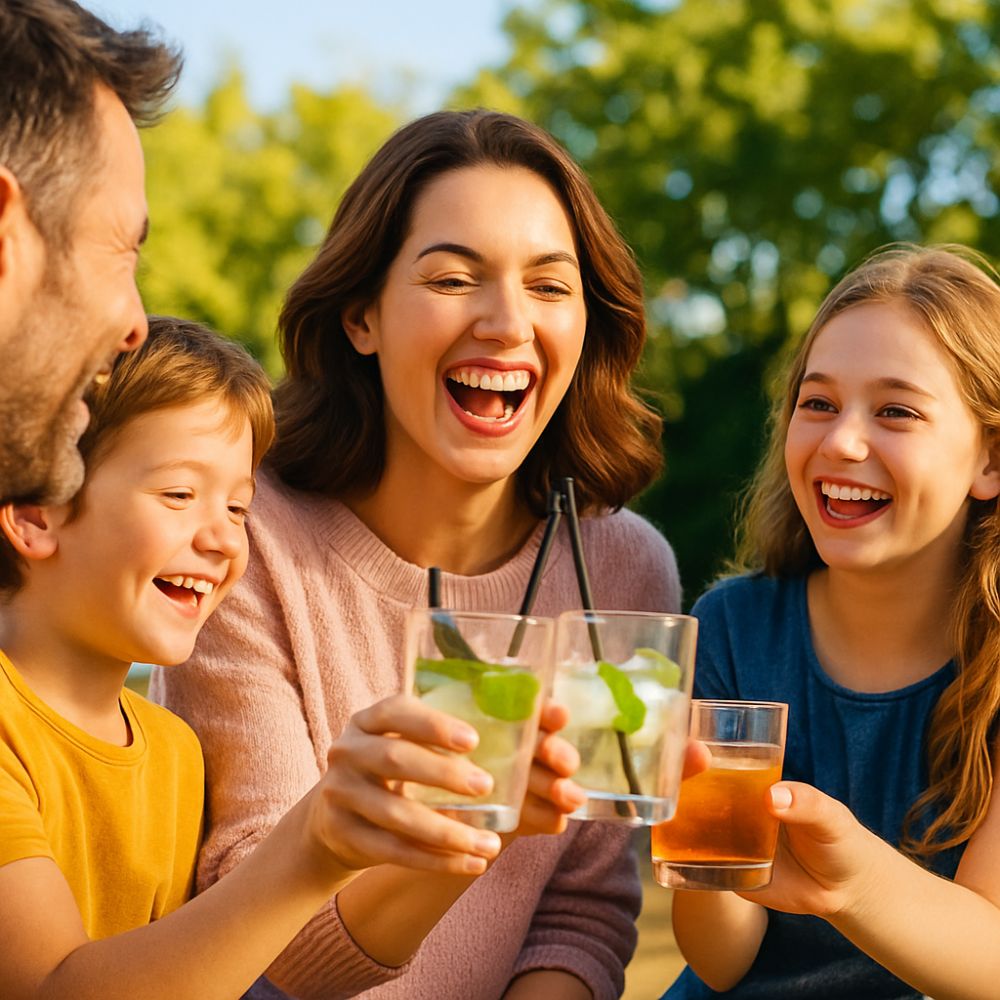 Mum smiling with her kids and partner during a joyful outdoor celebration, all toasting with cocktails and mocktails – ideal for promoting custom ice trays for hosting mums