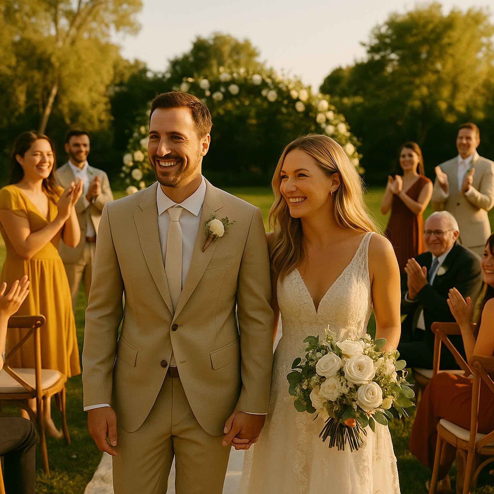 A newlywed couple walks down the aisle surrounded by smiling guests and greenery. The bride wears a white lace gown and the groom is in a beige suit, both glowing with joy.