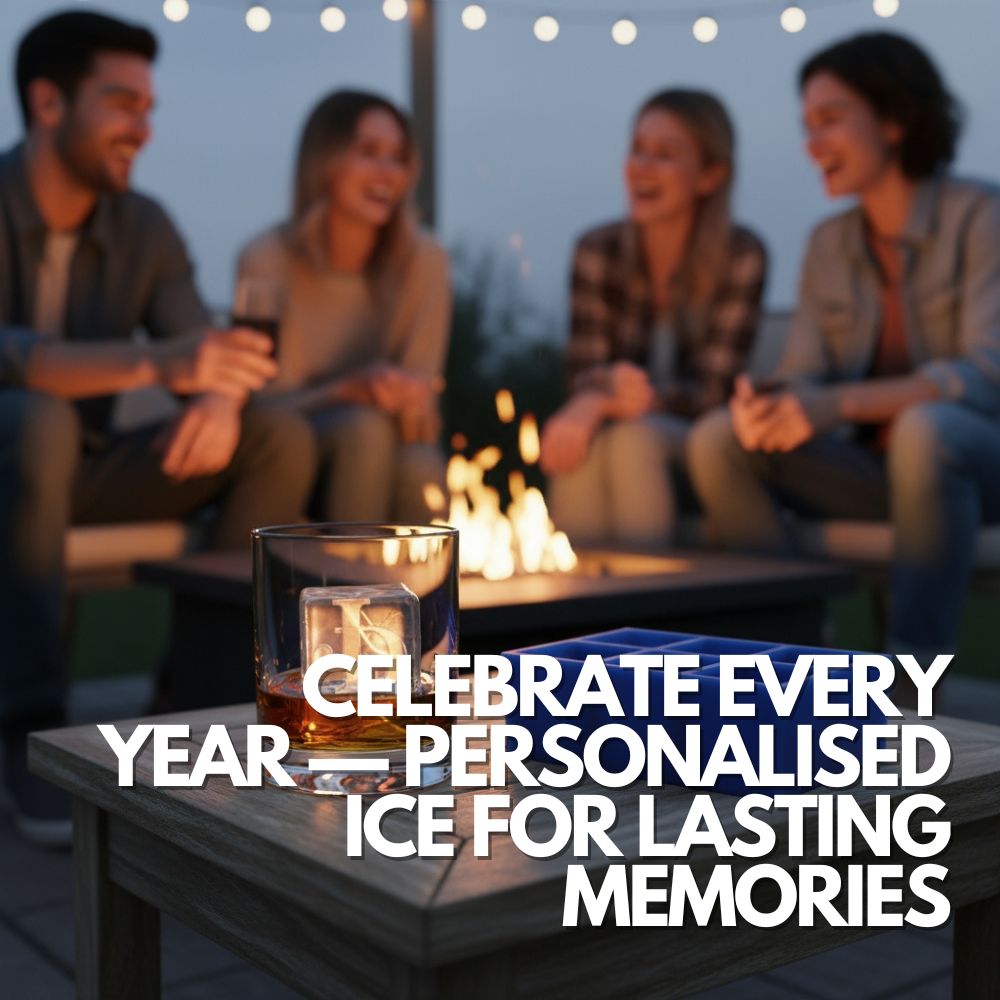 Close-up of a whisky glass with a large monogrammed ice cube marked “JD,” next to a blue 6-cube silicone ice tray on a timber table, with friends chatting around a firepit at night.