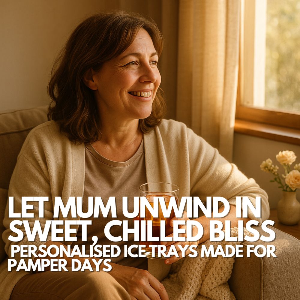 Happy mum relaxing with a personalised drink, showcasing ice cubes crafted for indulgent pamper moments at home.