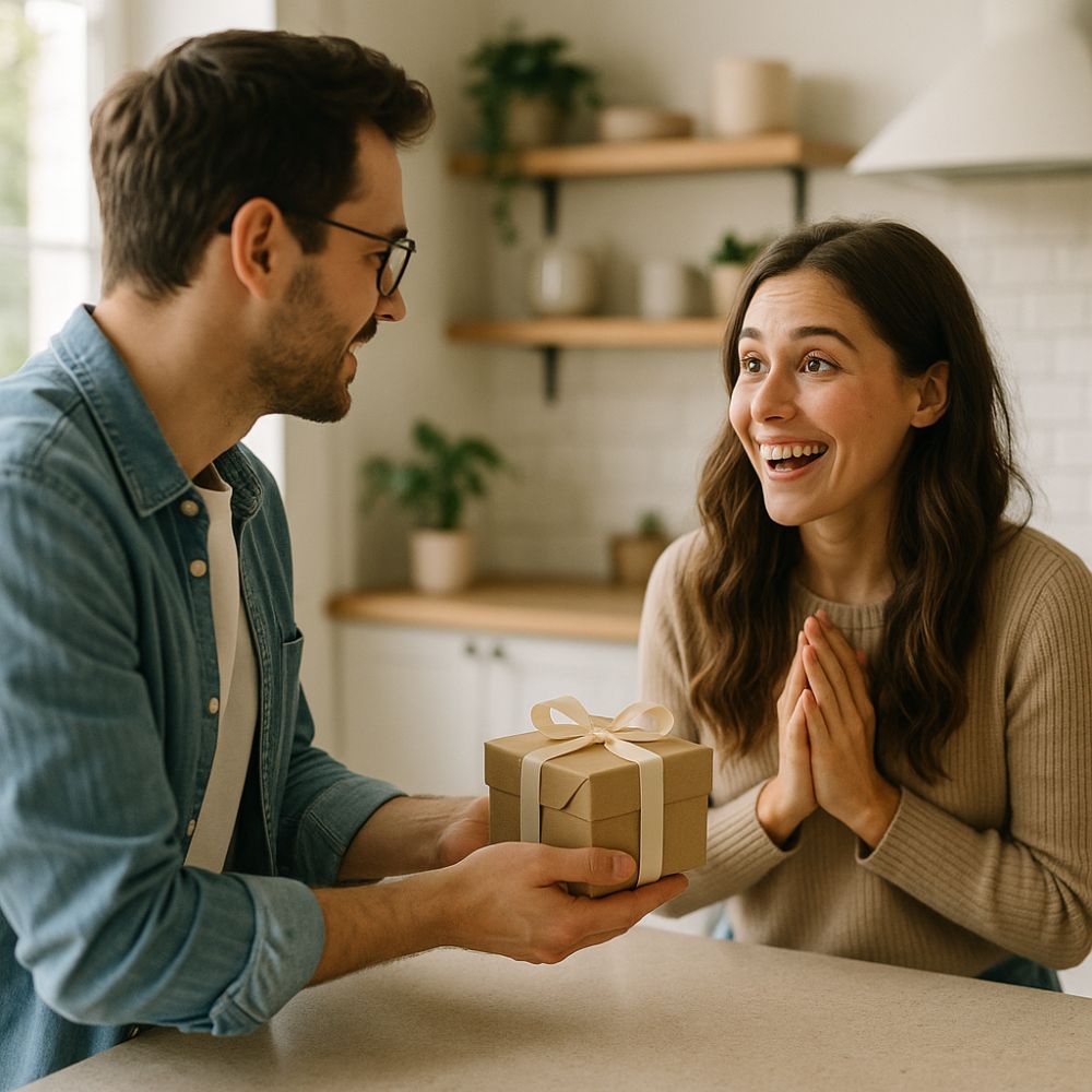 Couple sharing a romantic moment as one partner gives a wrapped gift