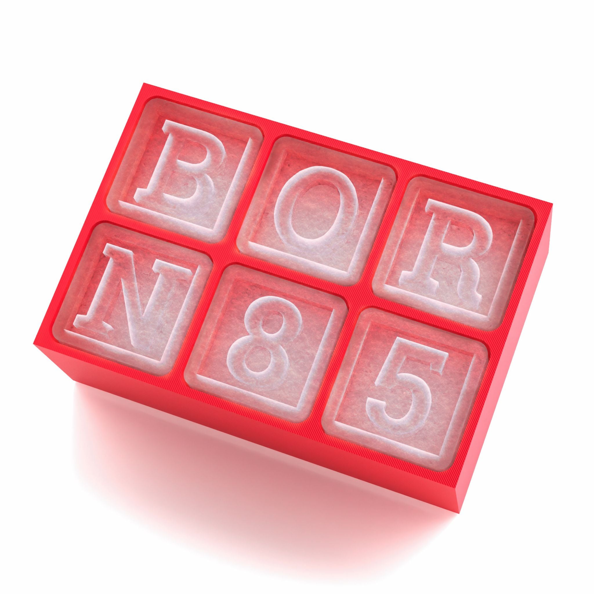 Bright red ice cube tray showcasing BORN85 letters and numbers, a standout birthday party gift.