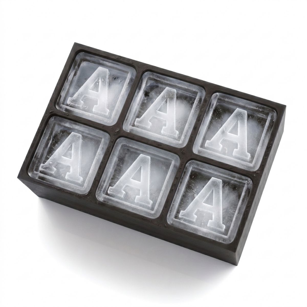 Sleek black tray with frosty A ice cubes, made for bold bar setups, groomsmen gifts, or whiskey moments that matter.
