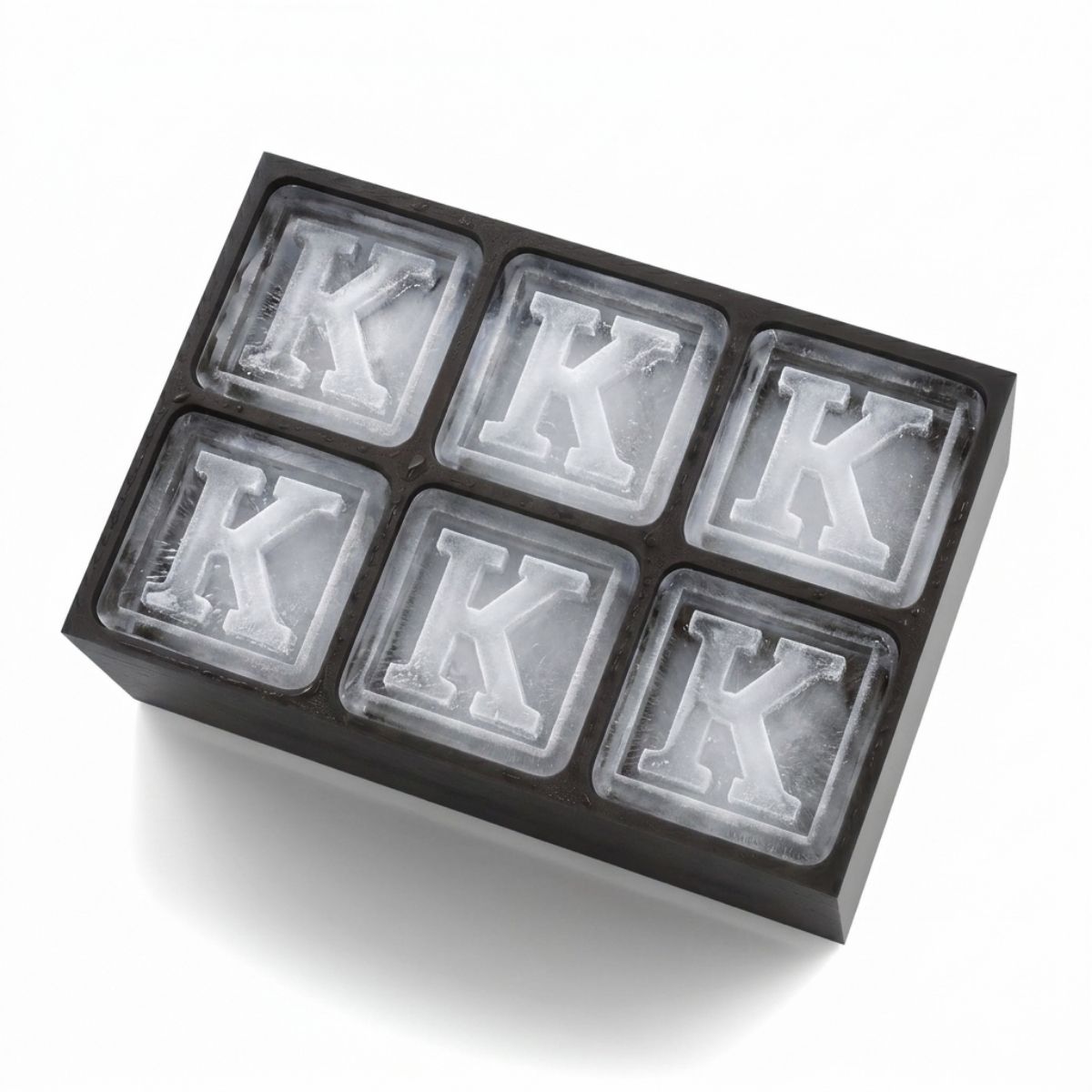 Custom black silicone ice tray featuring six bold K monogram cubes, perfect for milestone birthdays, parties, and personalised gifting.