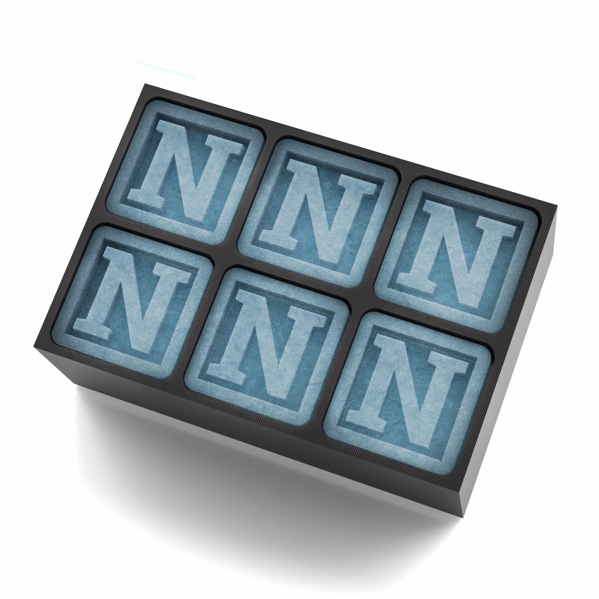 Black silicone ice tray with six frosted cubes, each featuring a raised letter N. Perfect personalised gift for milestone celebrations and parties.