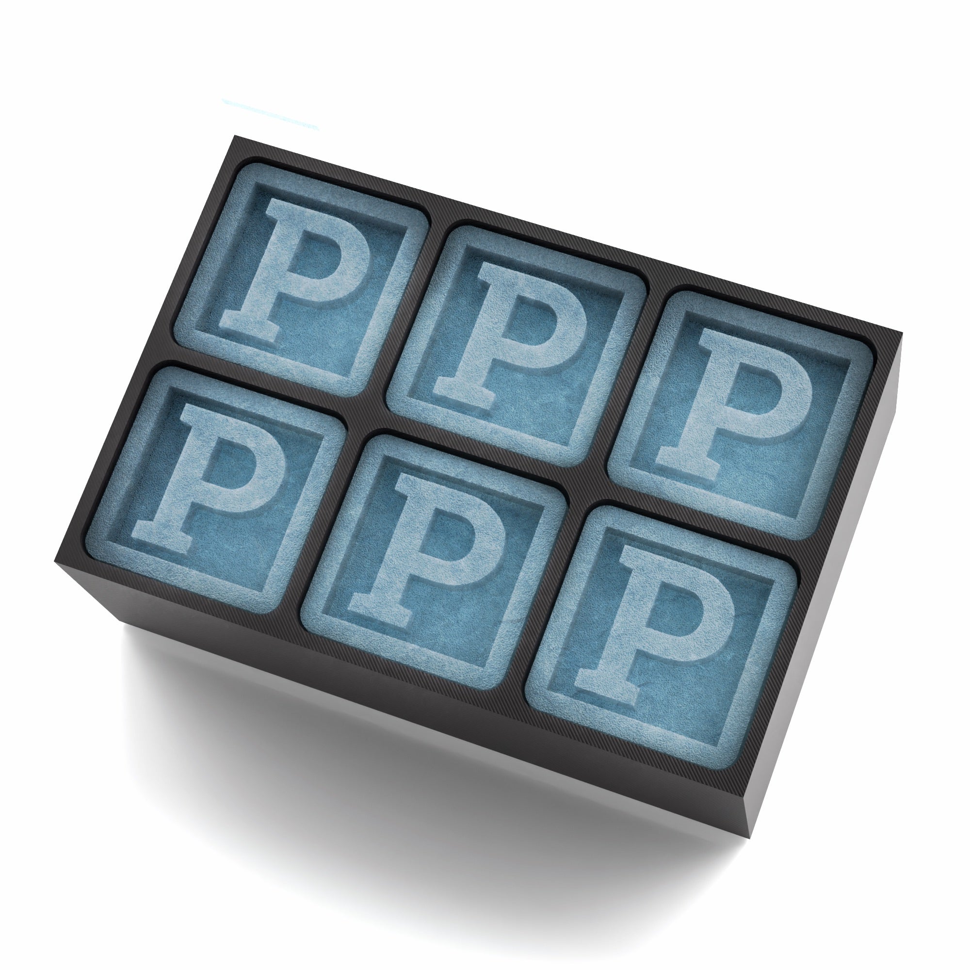Black silicone ice tray with six large cubes featuring the letter P, perfect for personalised birthday or celebration gifts from Chilled Out Creations.